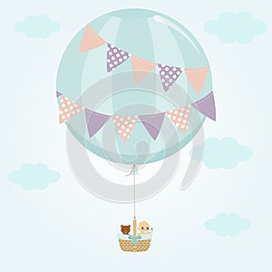 Baby shower flying in the sky with balloon and teddy bear on blue background cartoon vector illustration