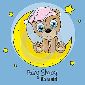 Baby shower girl. bear sitting on the moon