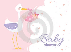 Baby shower, girl in blanket with stork welcome newborn celebration card