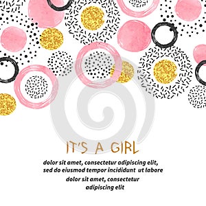 Baby Shower girl card design with abstract pink golden circles.