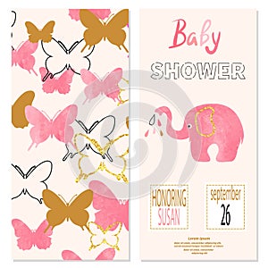 Baby shower girl card design with butterflies and cute elephant.