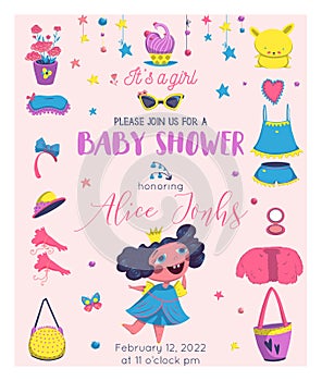 Baby Shower girl card design with princess elements set. Girlish fashion. Design template for birthday party, invitation, poster,