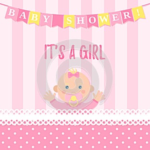 Baby Shower girl card. Vector illustration. Pink banner with kid