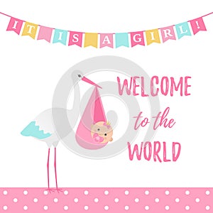 Baby Shower girl card. Vector illustration. Pink banner with stork.