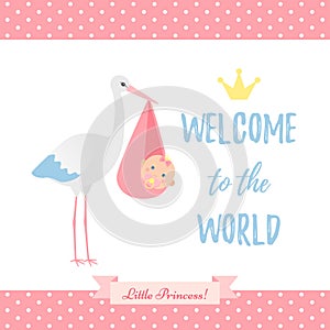 Baby Shower girl card. Vector illustration. Pink banner with stork.