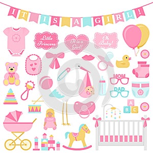 Baby Shower girl set. Vector illustration. Pink elements for par