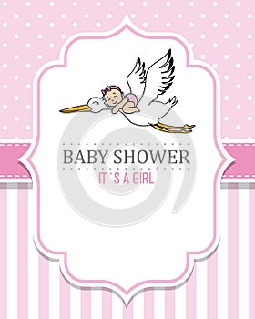 Baby shower girl. Stork with a baby.