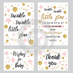Baby shower girl templates Twinkle twinkle little star text with gold polka dot pink star invtation thank you card