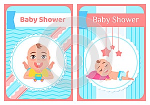 Baby shower greeting card with babies boy or girl lies plays with toys and sleeps on a pillow