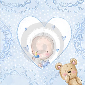 Baby shower greeting card. Baby boy with teddy, Love background for children. Baptism invitation. Newborn card design.