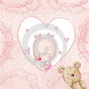 Baby shower greeting card.Baby girl with teddy,Love background for children.Baptism invitation. Newborn card design.