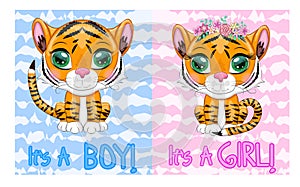 Baby Shower greeting card with Cute boy and girl. Cartoon tiger with expressive eyes. Wild animals, character, childish