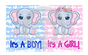 Baby Shower greeting card with Cute Elephant boy and girl