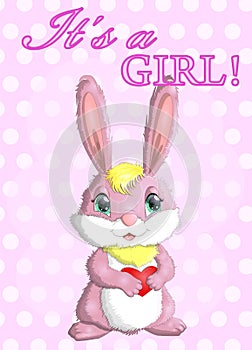 Baby Shower greeting card with Cute Rabbits girl