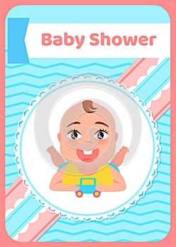 Baby Shower Greeting card, Kid Lying on Belly, Toy