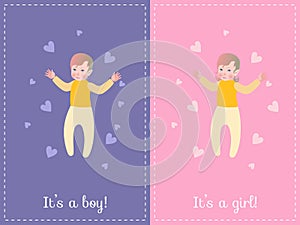 Baby Shower greeting card. It`s a boy on blue background. It`s a girl on pink background.