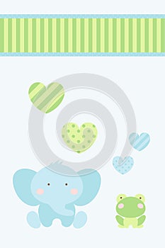 Baby shower - happy blue elephant and green frog celebrate love under heart and ribbon