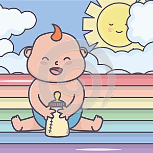 Baby shower happy little boy with bottle rainbow sun clouds