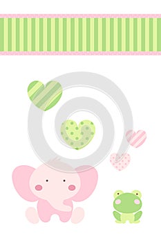 Baby shower - happy pink elephant and green frog celebrate love under heart and ribbon