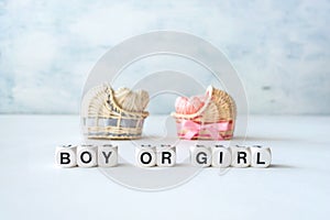 Baby shower ideas for a girl and boy party. Pink and blue decorative straw cradles with thread hearts and text BOY or GIRL.