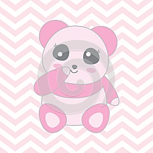 Baby shower illustration with cute baby pink panda on chevron background