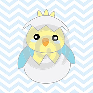 Baby shower illustration with cute blue baby chick on chevron background