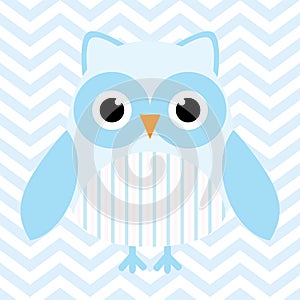 Baby shower illustration with cute blue baby owl on blue chevron background