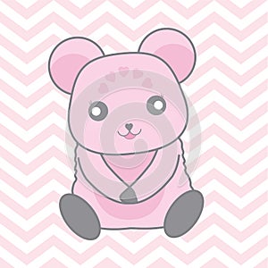 Baby shower illustration with cute blue bear on pink chevron background