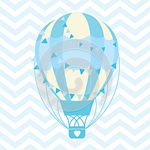 Baby Shower illustration with cute blue hot air balloon on chevron background