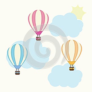 Baby shower illustration with cute hot air balloons, cloud, and sun suitable for kid baby shower sticker set and clip art