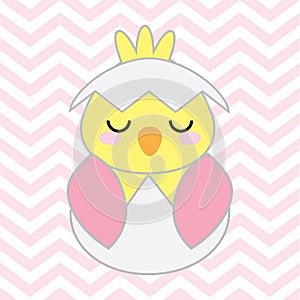 Baby shower illustration with cute pink baby chick on chevron background