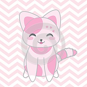 Baby shower illustration with cute pink cat on chevron background