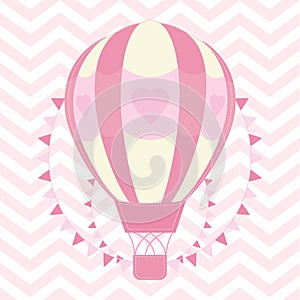 Baby Shower illustration with cute pink hot air balloon on chevron background