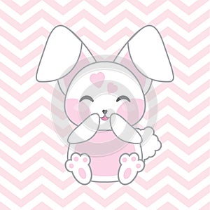 Baby shower illustration with cute pink rabbit on chevron background