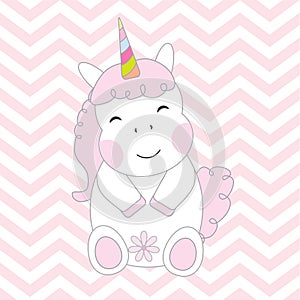 Baby shower illustration with cute unicorn girl on chevron background