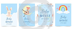 Baby shower invitation card for boy with rabbit, fox, rainbow, cloud