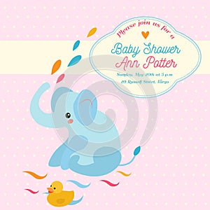 Baby shower invitation card with elephant and little duck