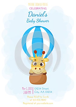 Baby Shower invitation card template with cute little giraffe flying on hot air balloon. Funny cartoon character. It`s a boy.