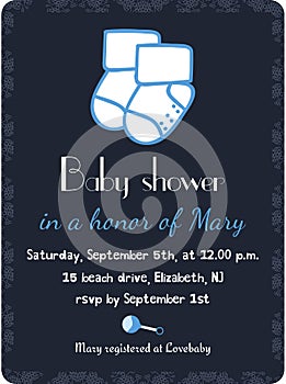 Baby shower invitation card template. Invitation, postcard, banner. Newborn boy arrival. Little socks. Vector