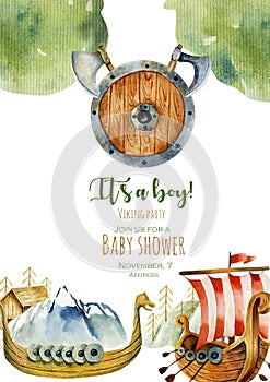 Baby shower invitation card with watercolor elements of viking culture