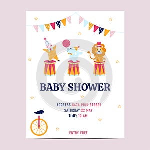 Baby shower invitation in circus style. Vector