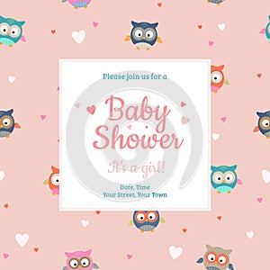 Baby Shower invitation design template. It`s a girl card with little owls and hearts pattern on background. -  Vector