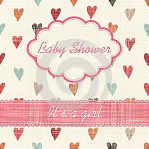 Baby shower invitation. Hot pink, white and azure colors. Frame with symbol of rompers on a background with little hearts pattern.