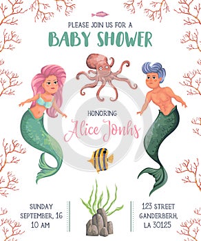 Baby shower invitation with mermaid, merman, marine plants and animals. Cartoon sea flora and fauna in watercolor style. photo