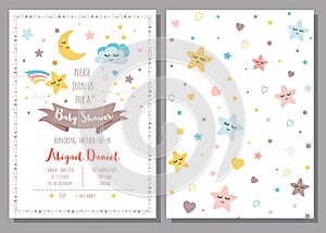 Baby shower invitation template for baby girls boys Cute sky stars cloud moon Set 2 cards Vector