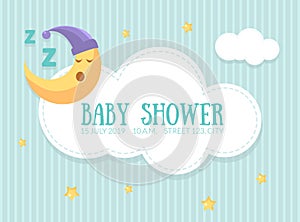 Baby Shower Invitation Template, Cute Card with Sleeping Moon, Cloud and Place For Text Vector Illustration