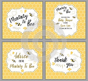 Baby shower invitation template Mommy to Bee, honey. Mothers Day cards set Yellow oneycomb background