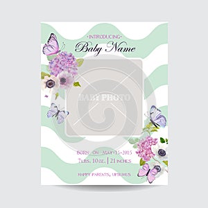 Baby Shower Invitation Template with Photo Frame, Flowers and Butterflies. Floral Wedding Card Design