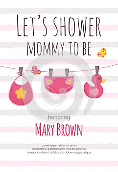 Baby shower invitation template with pink and yellow baby girl diaper, bib and duck toy hanging on pins.