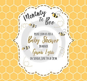 Baby shower invitation template with text Mommy to Bee, honey. Cute card design for girls boys